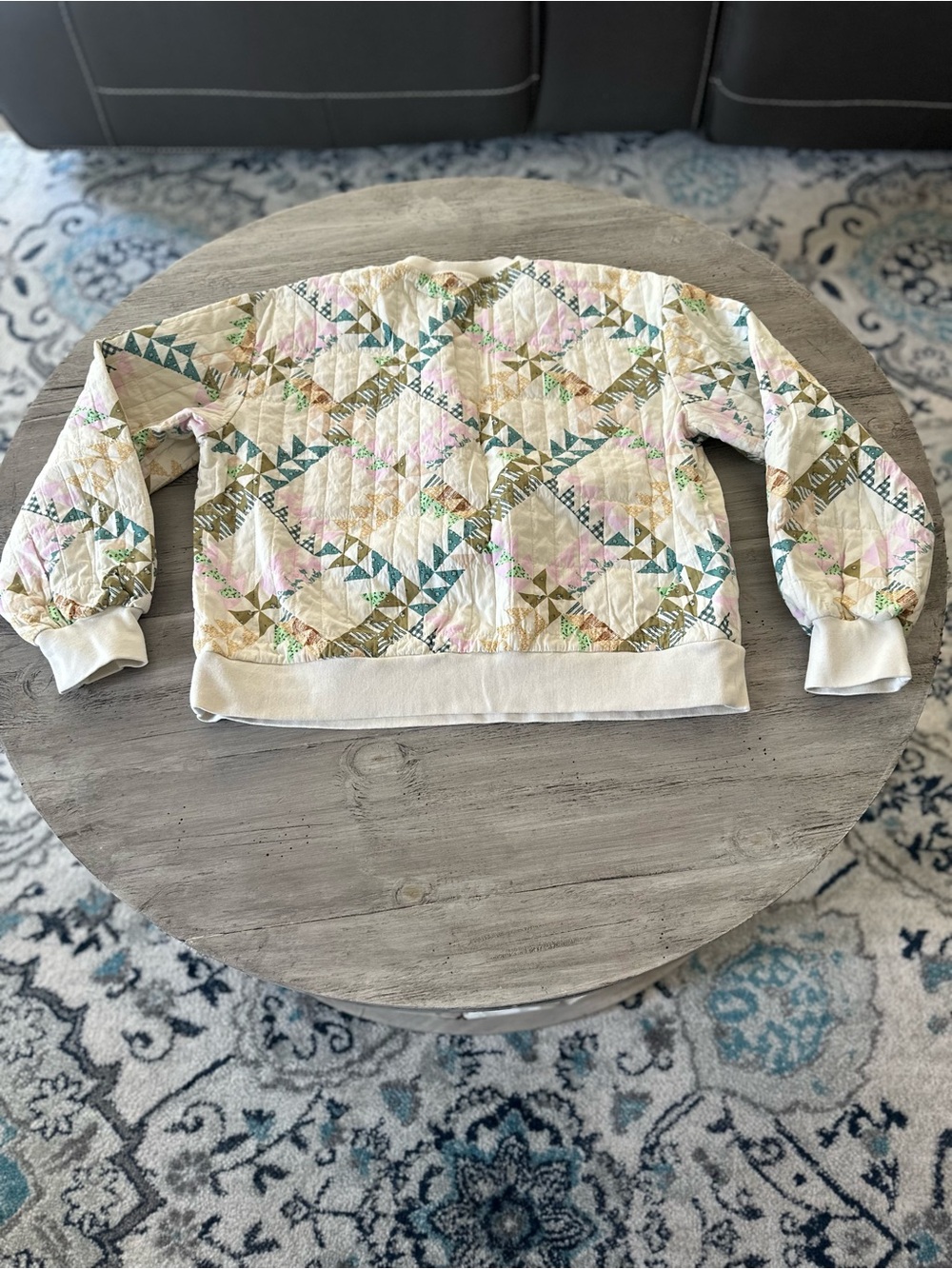 Universal Thread Quilted Crewneck Sweatshirt - Cream, Pink & Green - Picture 3 of 8
